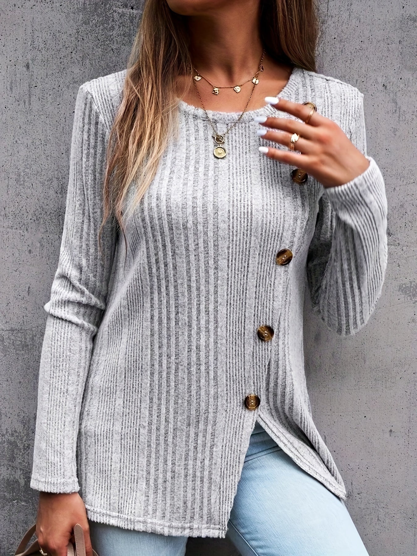 Casual Knit Top Ribbed Knit Long Sleeve Round Neck Pullover Jumper