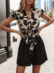 Floral Print Belted Romper Jumpsuit Casual Layered Flutter Sleeve Jumpsuit