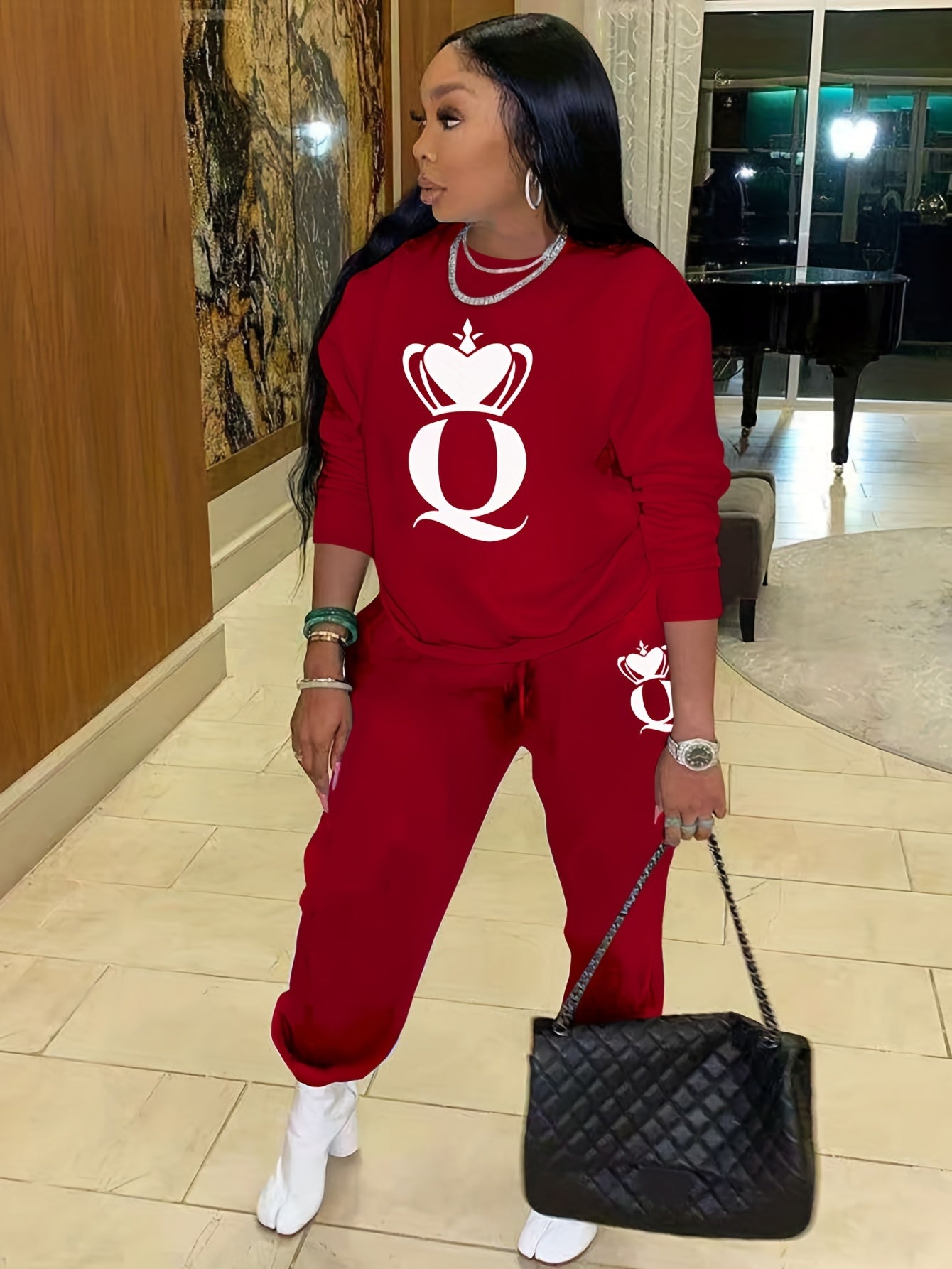 Q Letter Print 2pc Set Crew Neck Tops & Jogger Pant