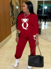 Q Letter Print 2pc Set Crew Neck Tops & Jogger Pant