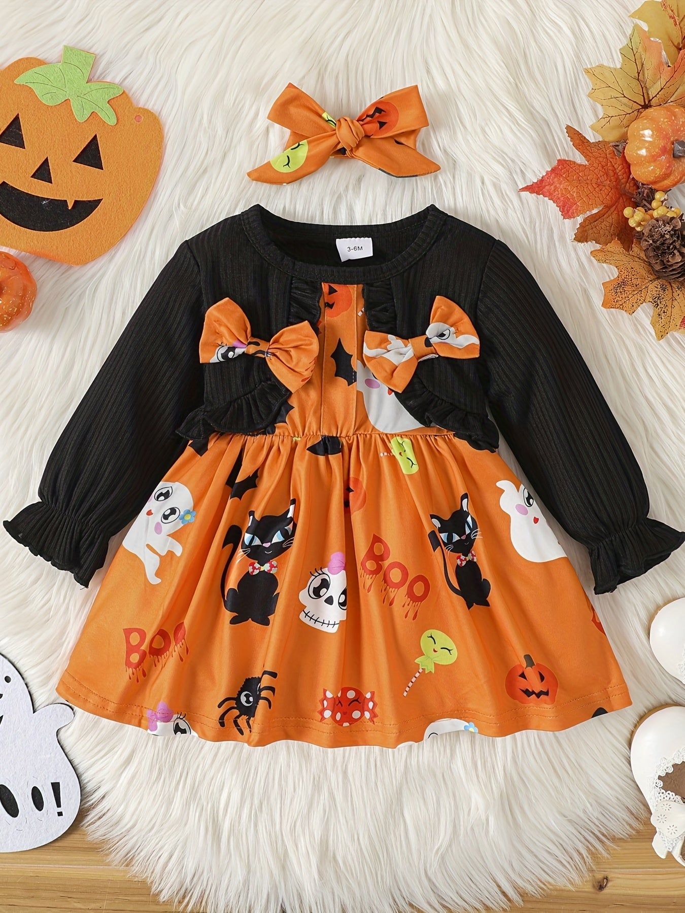 Halloween Baby Girls Long Sleeve Dress Cartoon Animal Print