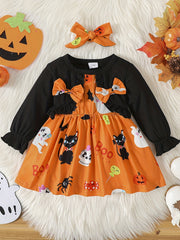 Halloween Baby Girls Long Sleeve Dress Cartoon Animal Print