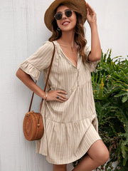 Striped Print Tiered Dress Tie Front Short Sleeve Dress