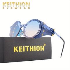 KEITHION Steampunk Round Vintage Sunglasses Leather Side Glasses UV 400
