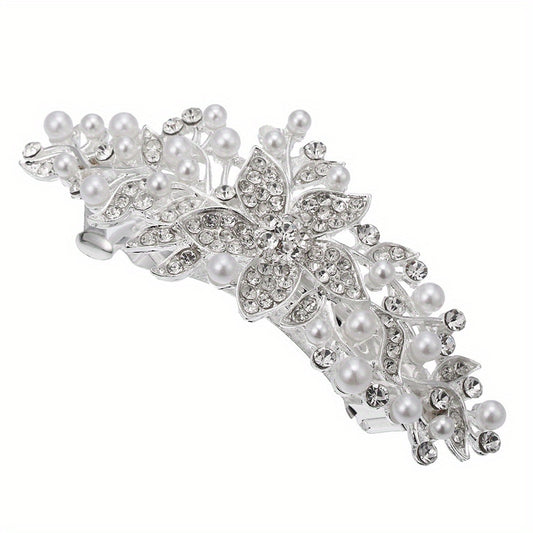 Silver Faux Pearl Leaf Hair Clip Non-Slip Barrette Rhinestone Head Jewelry