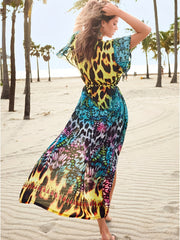 Leopard Butterfly Print Cover Up Dress V Neck Chiffon Beach Kaftan