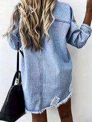 Casual Denim Top Women's Plus Solid Raw Trim Ripped Button Up