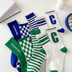 8 Pairs Letter Print Striped Socks Comfy & Breathable Mid Tube Socks