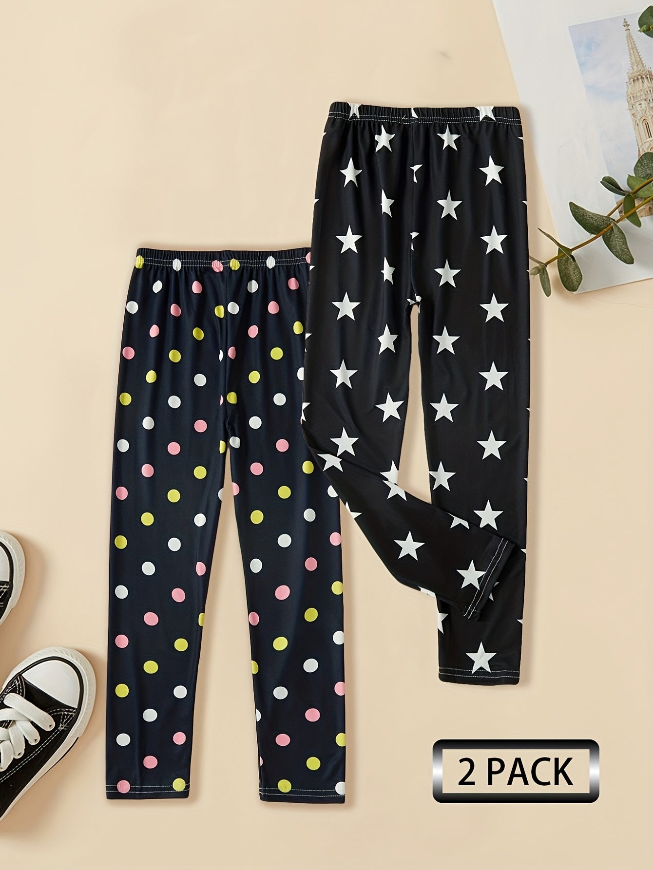 2pcs Girls Footless Leggings Polka Dots Star Graphic Slim Leggings