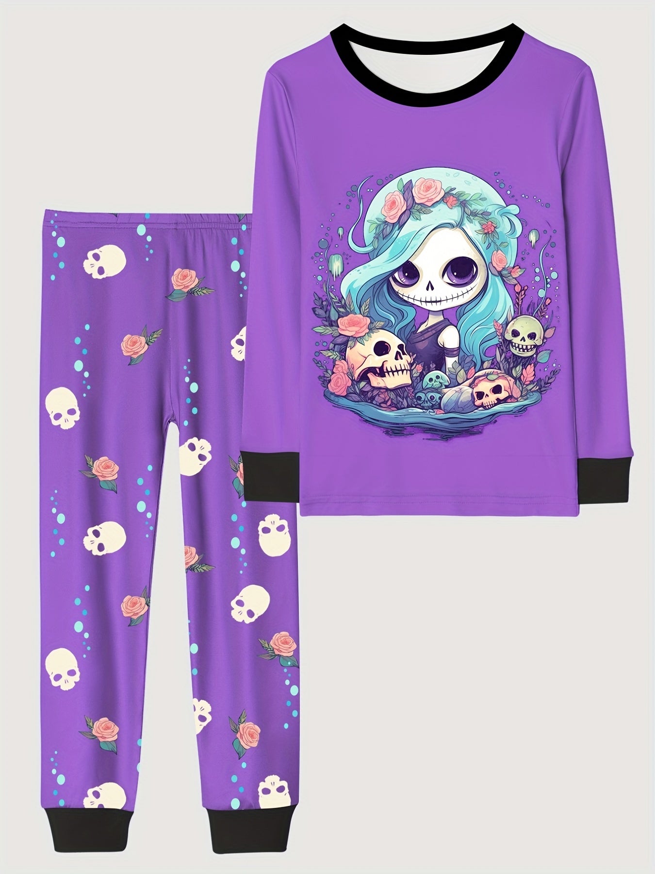 Skull Girl Pattern Kid's Pajamas Set Halloween Style Comfy PJ Girl's Loungewear