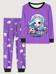 Skull Girl Pattern Kid's Pajamas Set Halloween Style Comfy PJ Girl's Loungewear