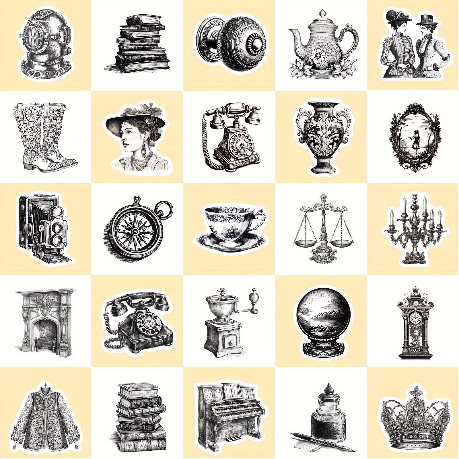 50pcs Medieval Retro Style Waterproof Stickers Mixed C