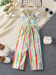 Toddler Girls Ruffle Trim Striped Overall Jumpsuits