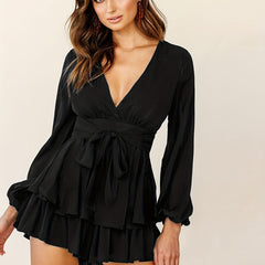Airy Tie Front Ruffle Layered Romper Jumpsuit V Neck Long Sleeve Playsuit