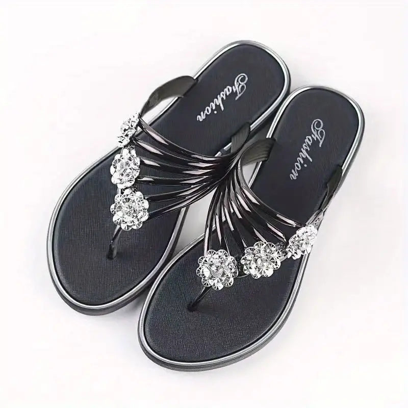 Floral Rhinestone Flip Flops Open Toe Slip On Flat Slide Shoes
