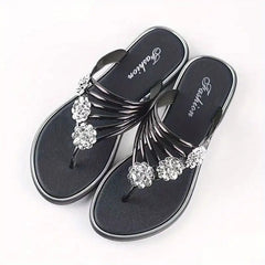Floral Rhinestone Flip Flops Open Toe Slip On Flat Slide Shoes