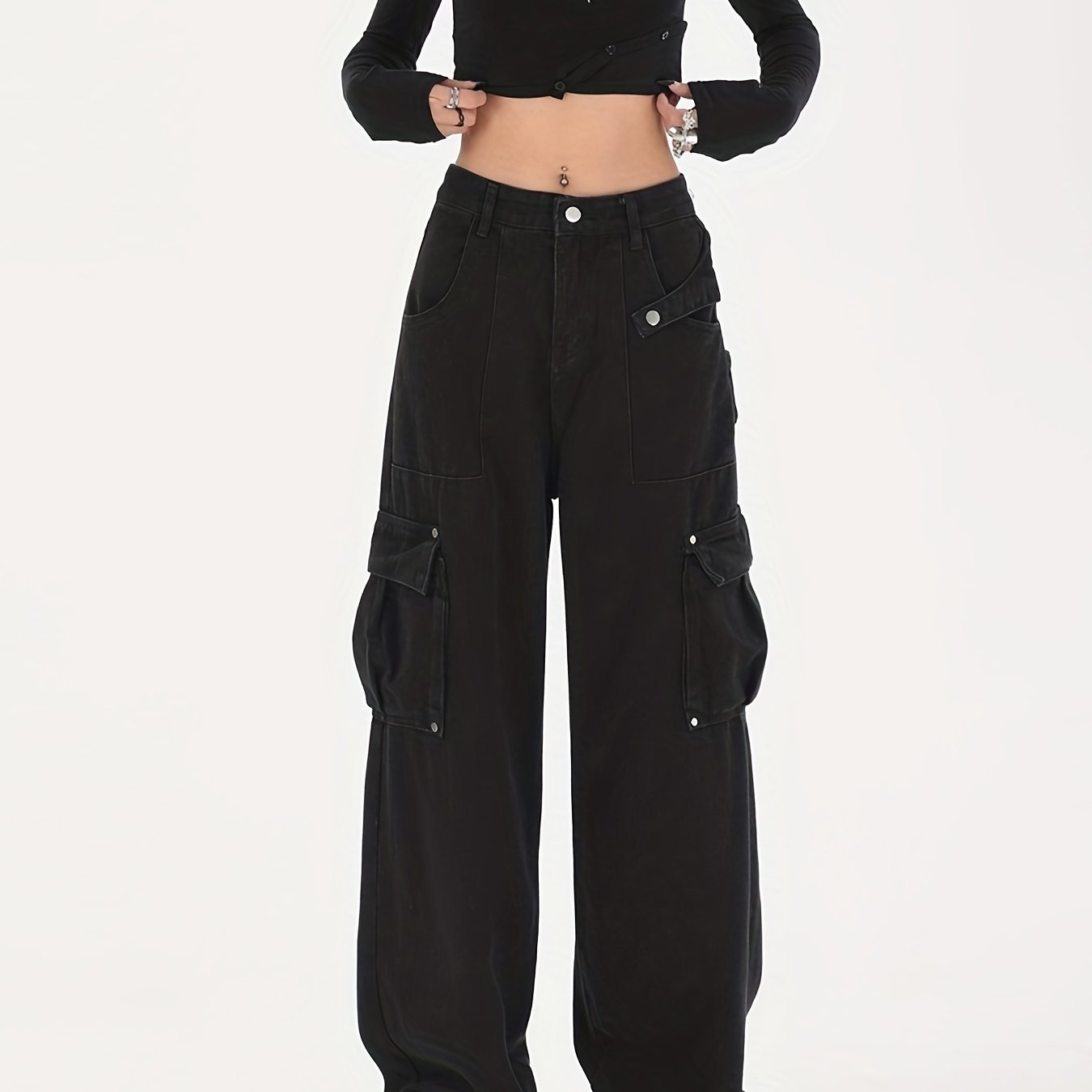 Flap Pockets Cargo Pants Loose Fit Non Stretch Straight Jeans