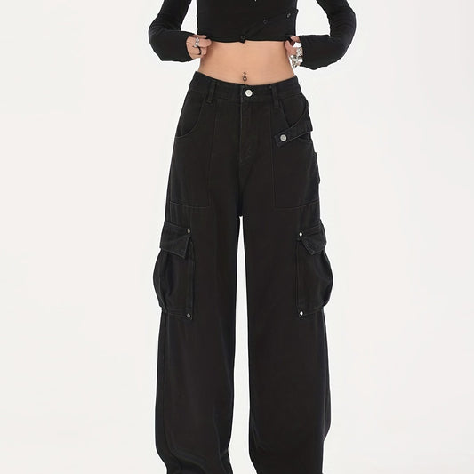 Flap Pockets Cargo Pants Loose Fit Non Stretch Straight Jeans