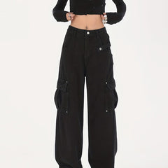 Flap Pockets Cargo Pants Loose Fit Non Stretch Straight Jeans