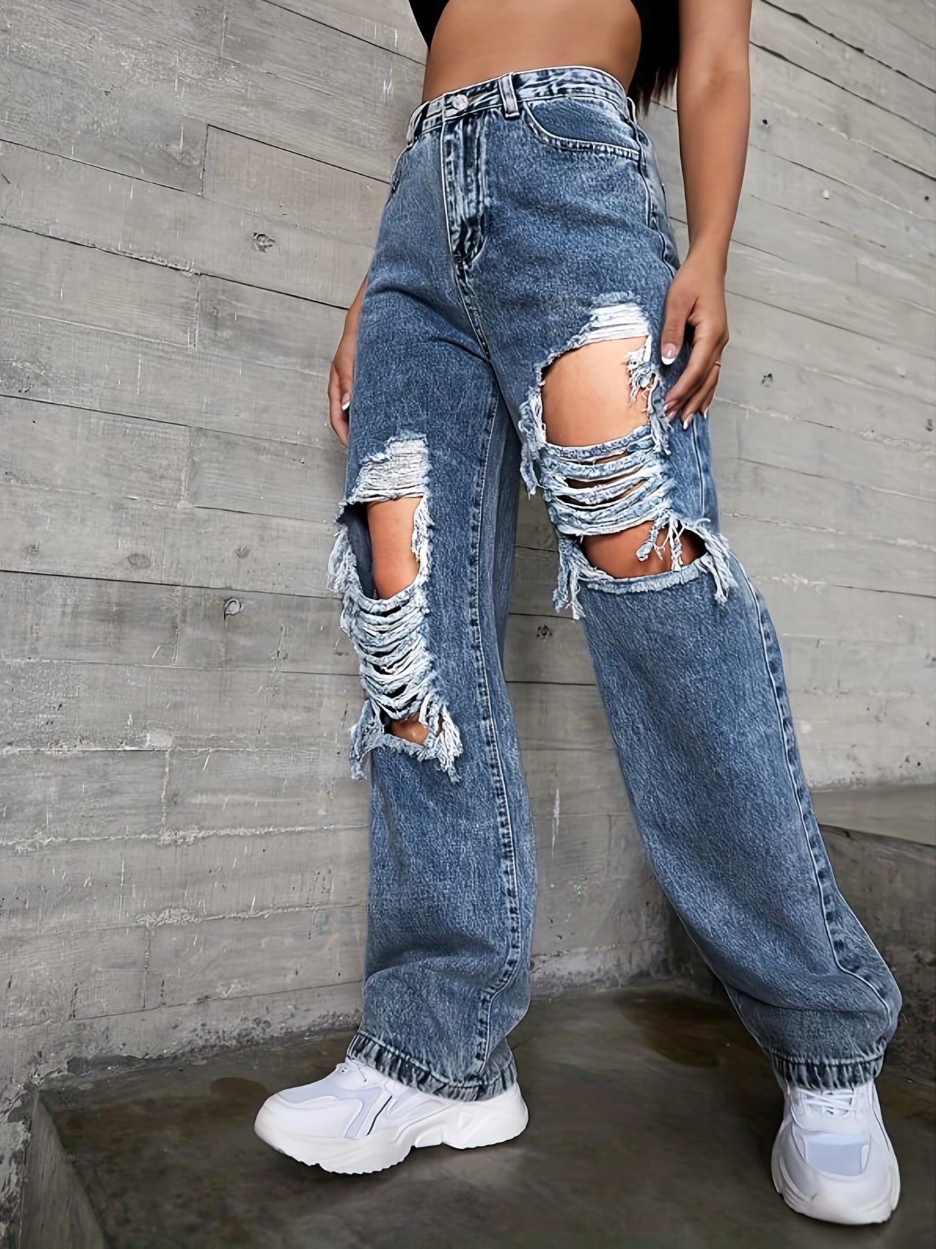 Baggy Denim Pants Ripped Holes Straight Cut