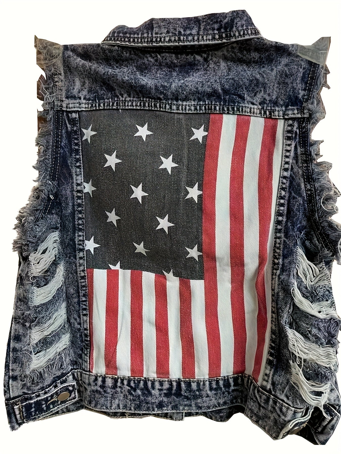 Print Denim Vest Ripped Holes Distressed Street Style Denim Jackets Women's