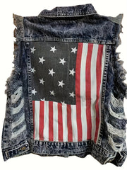 Print Denim Vest Ripped Holes Distressed Street Style Denim Jackets Women's