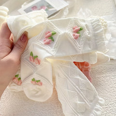 5 Pairs Floral Print & Ruffle Trim Socks Women's Stockings