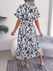 Allover Print Midi Dress Button Front Short Sleeve Women's Clothing
