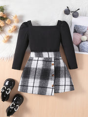 Girls Square Neck Top & Red Plaid Skirt Set Spring Fall