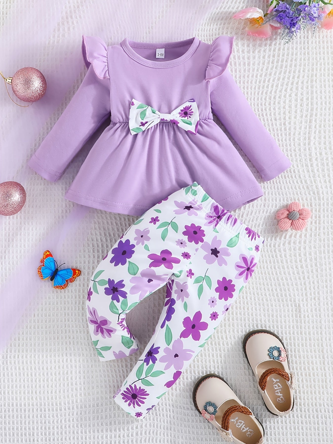 Baby Girls Bow Romper Butterfly Print Pants 2pcs Set