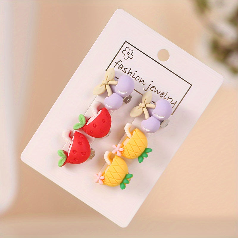 3 Pairs Rainbow & Strawberry Clip On Earrings Teen Party Accessories
