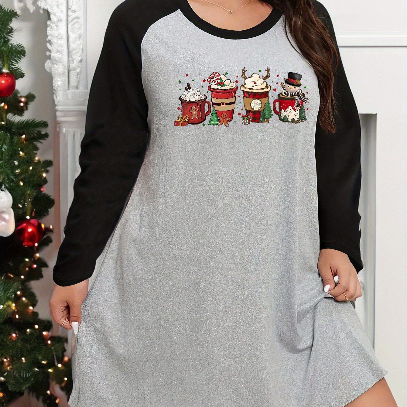 Plus Size Christmas Lounge Dress Women's Plus Snowman Drinks Raglan