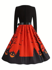 Plus Size Gothic Halloween Dress Colorblock Pumpkin Print Swing Party Dress