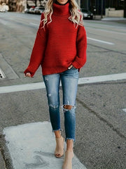 Solid Turtleneck Sweater Long Sleeve Chunky Knit Jumper