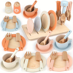 27pcs Wooden Tea Set Toy Kitchen Accessories