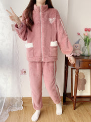 Heart Print Fuzzy Lounge Set Zipper Top & Pants