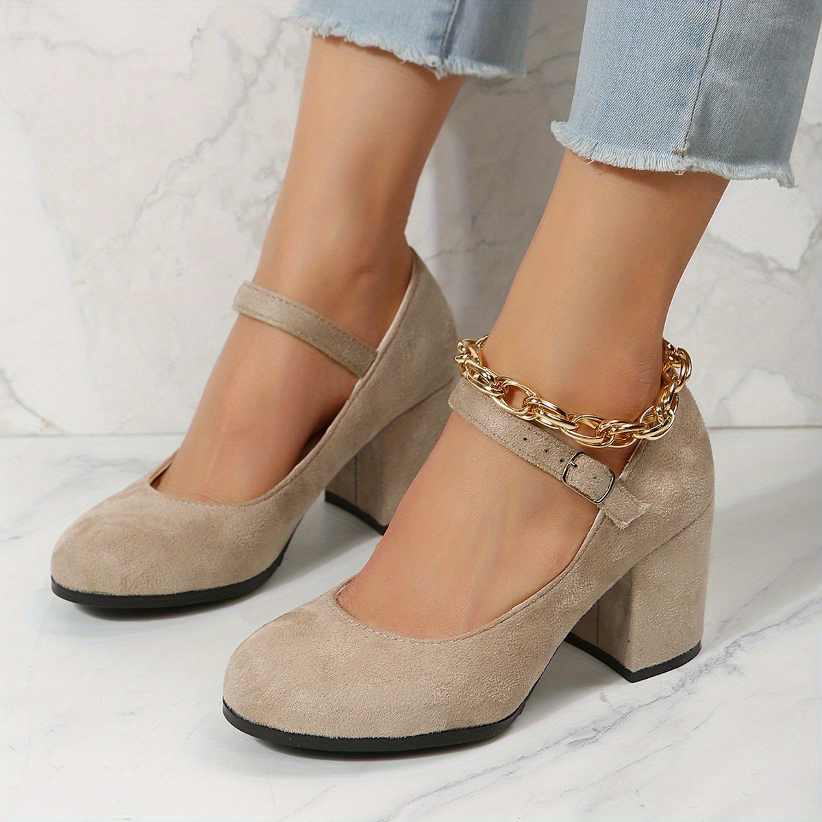 Women's Chunky Heel Buckle Strap Work Shoes Comfortable Walking Shoes
