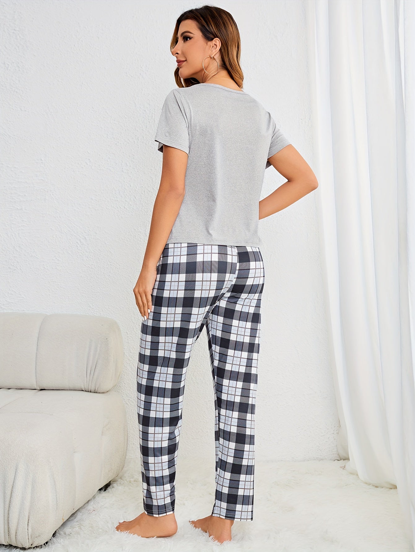 Plaid Print Pajama Set Short Sleeve Tee & Elastic Waistband Pants