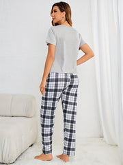 Plaid Print Pajama Set Short Sleeve Tee & Elastic Waistband Pants
