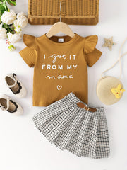 Girls T Shirt & Plaid Skirt Set Ruffles Short Sleeves I GOT IT FROM MY MAMA