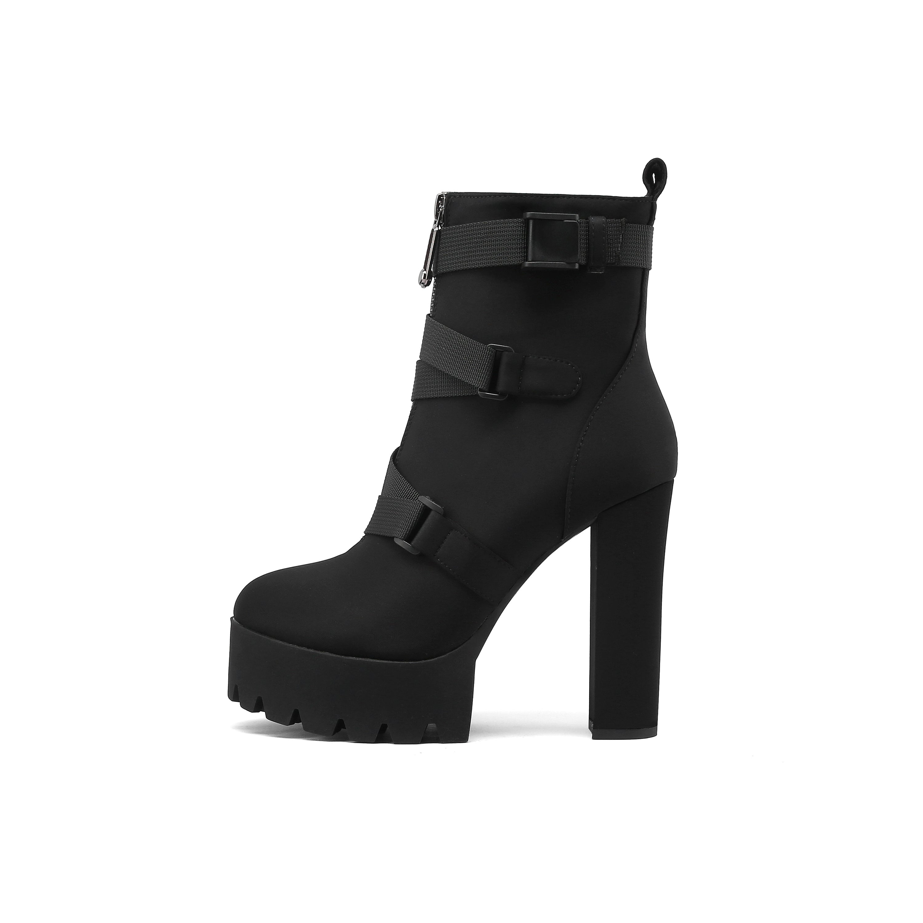 Women's Platform Chunky High Heel Boots Zipper Round Toe Buckle Belt Shoes