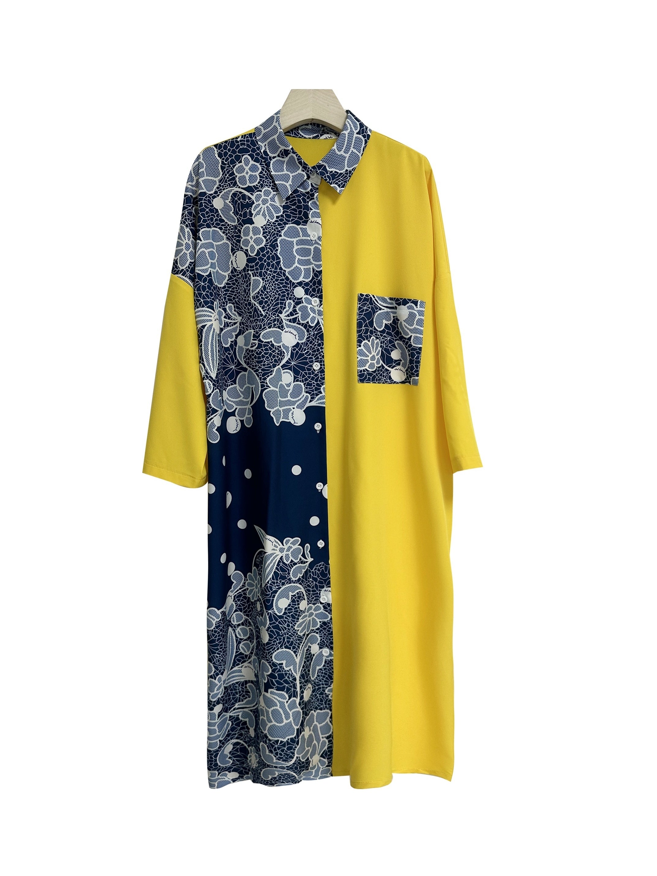Colorblock Leopard Print Button Up Collar Midi Shirt Dress