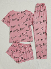Heart Print Pajama Set Short Sleeve Crew Neck Top & Elastic Waistband Shorts