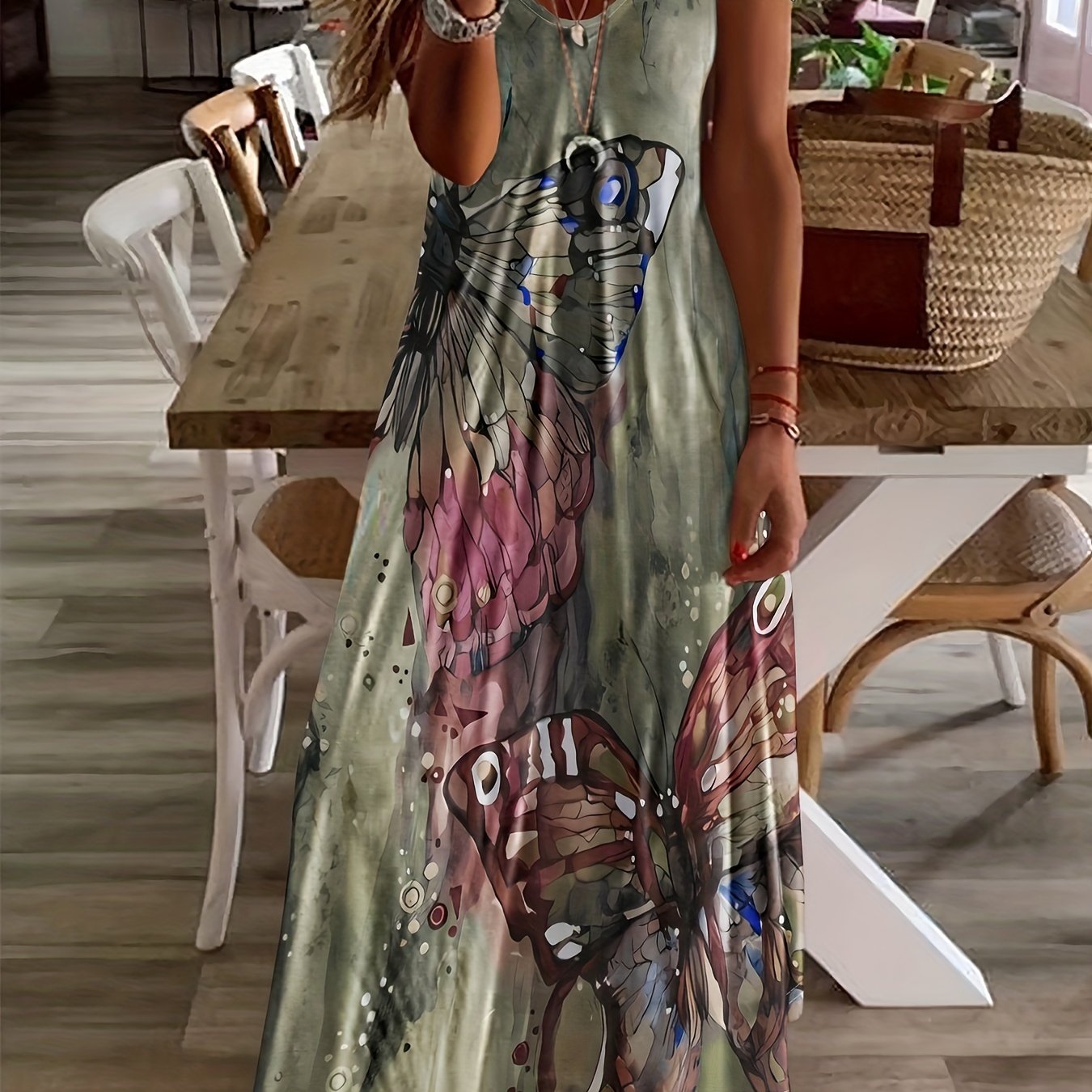 Butterfly Print V Neck Dress Short Sleeve Casual Dress for Spring & Summer