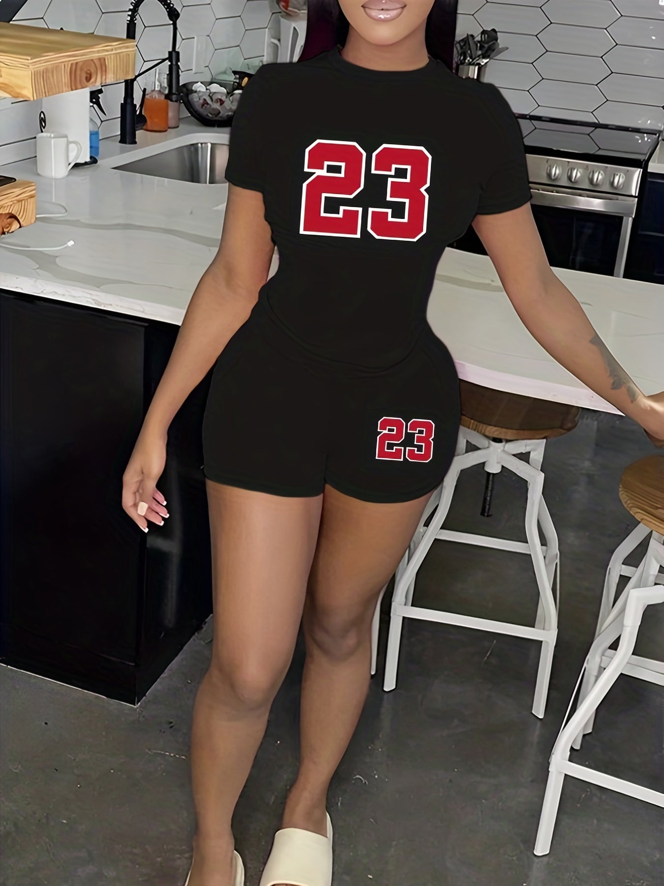 Number Print Casual 2 piece Set Short Sleeve T-shirt & Biker Shorts
