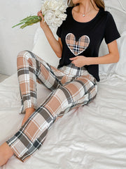 Heart Print Pajama Set Short Sleeve Crew Neck Top & Plaid Pants