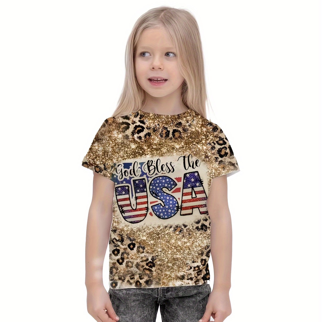Girls 3D Leopard Print Graphic Crew Neck T shirt Short Sleeve Pull