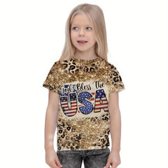Girls 3D Leopard Print Graphic Crew Neck T shirt Short Sleeve Pull