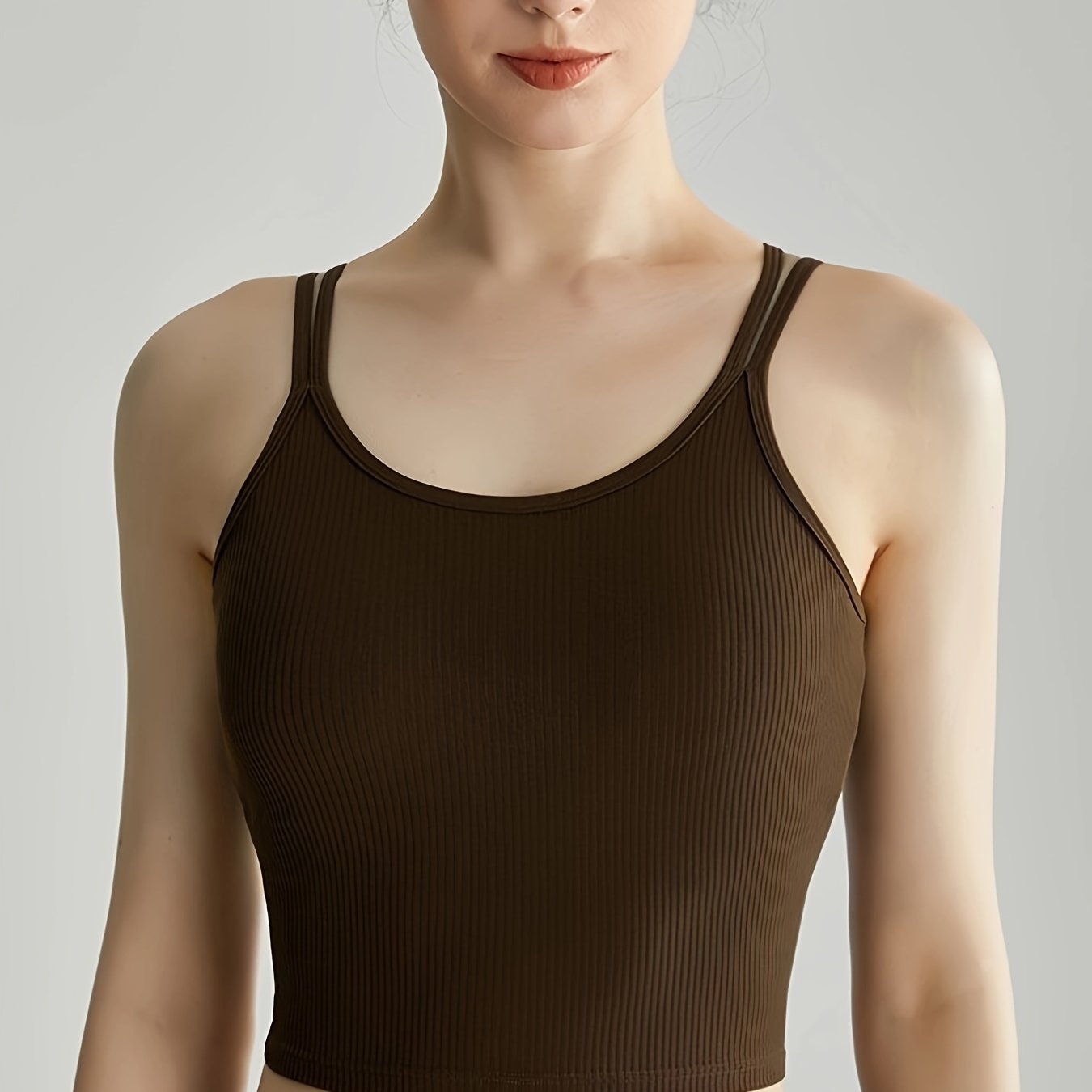 Rib Knit Sports Top Round Neck Slim Fit Stretch Fitness Bra Women's Activewear