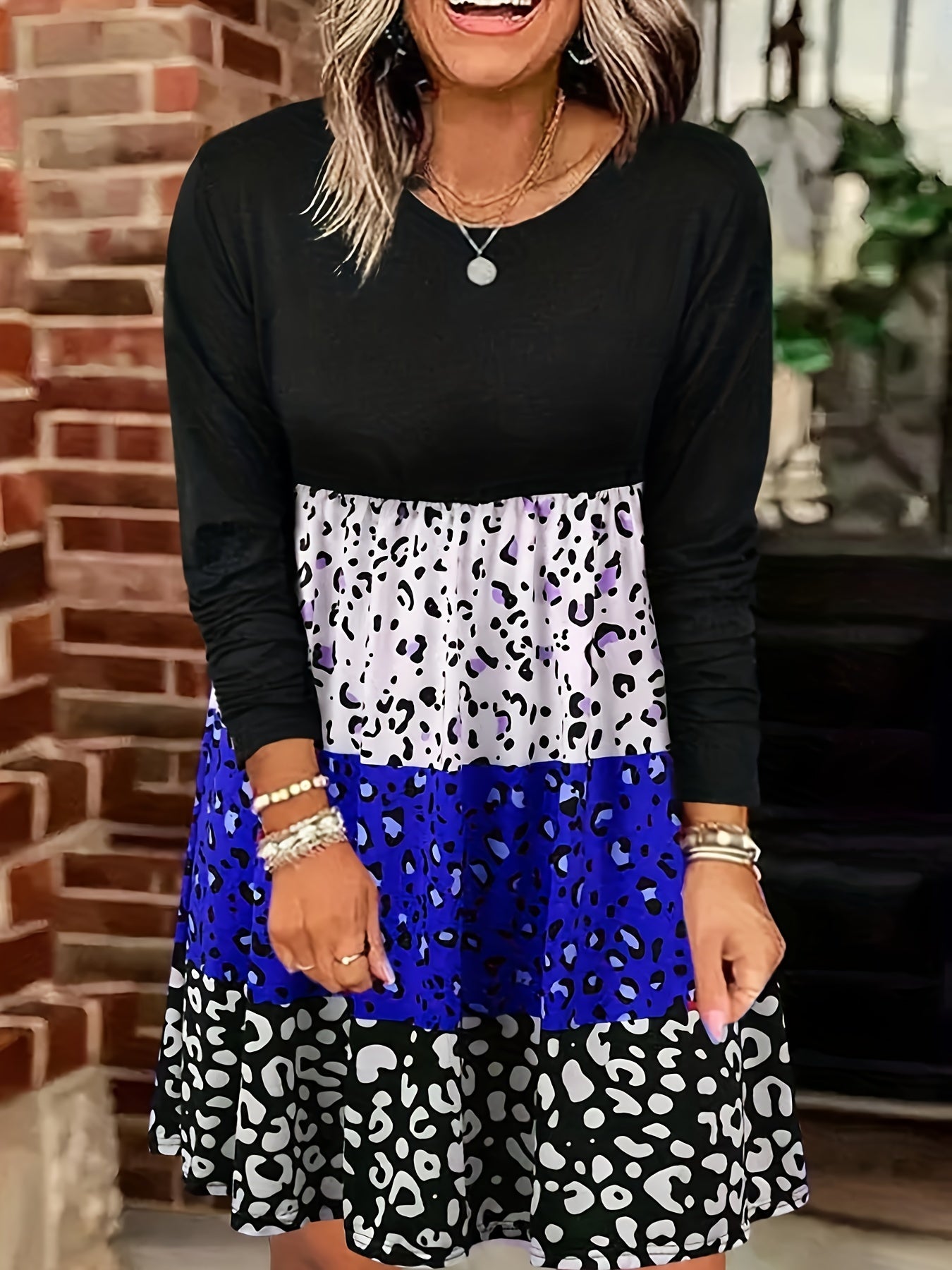 Colorblock Leopard Print Long Sleeve Round Neck Knee Length Dress